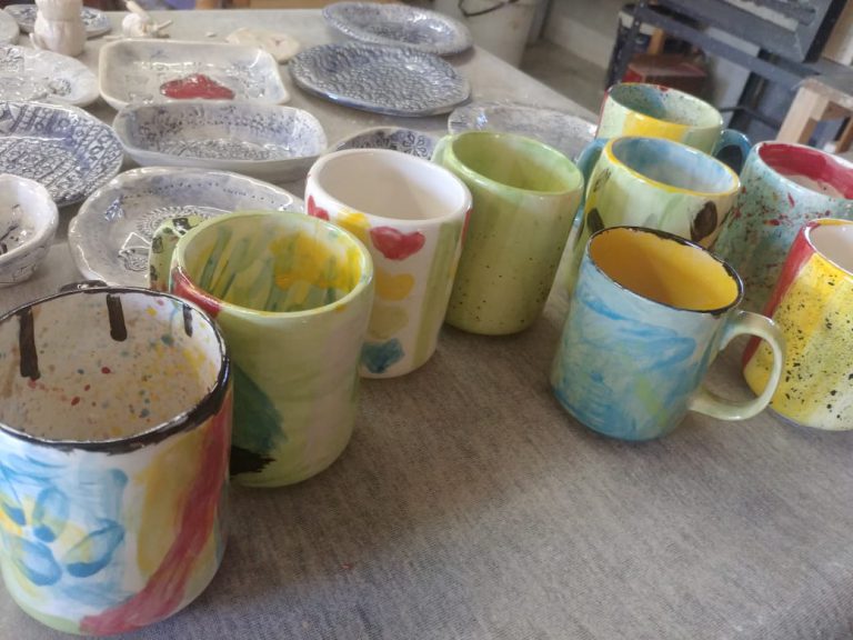 Ceramics, cast mugs, underglaze, transparent glaze