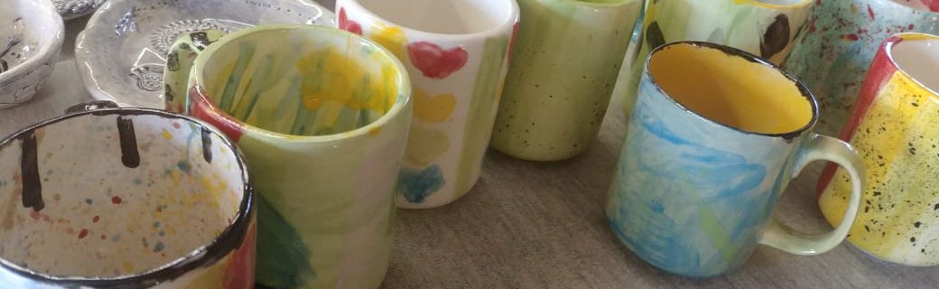 Ceramics, cast mugs, underglaze, transparent glaze