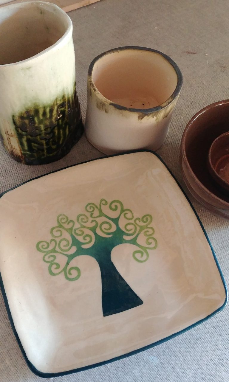 Ceramic plate, white stoneware, tree design